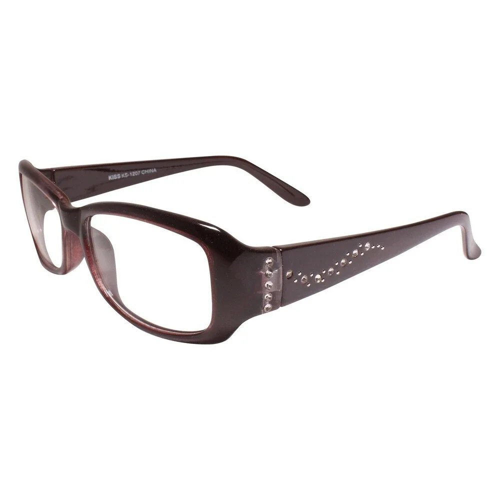 Stylish Womens Sophisticated Bling Rhinestone Brown Rectangle Clear Lens Glasses